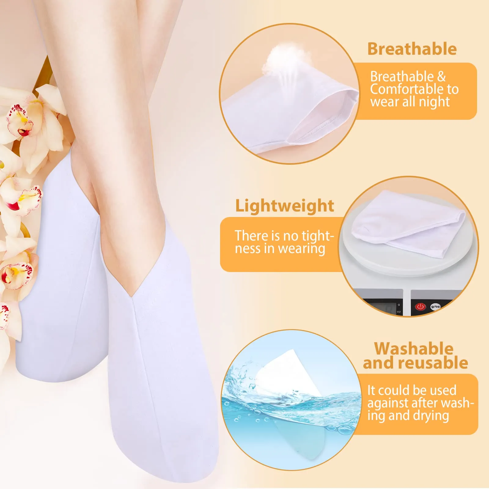 5 Pairs Moisturizing Socks Set, Thin Foot Spa Socks Cotton Moisture Enhancing Socks Cosmetic Socks for Dry Feet, Hard Cracked Heels, Calluses, Cuticles, Rough Skin, White, 8.26 in