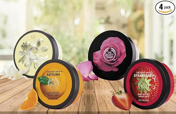 Body Butter Skin Care Set - Pack of 4 x 50ml Strawberry, Moringa, Satsuma & British Rose Body Moisturiser with Topline Card