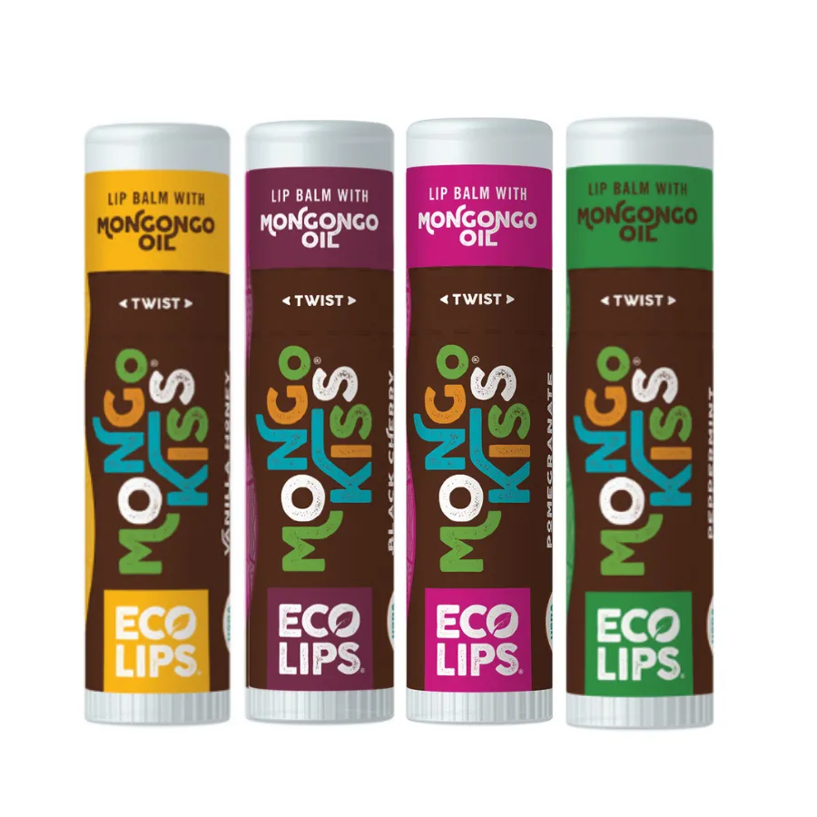 Mongo Kiss® Organic Lip Balm, 4 Pack Variety [Peppermint, Black Cherry, Pomegranate, Vanilla Honey]